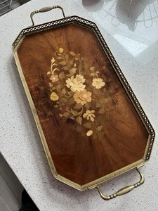 Vintage Italian Wood Tray Inlaid Floral Marquetry Brass Handle 16x8” - Picture 1 of 5