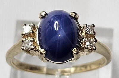 14K Yellow Gold Lindy Blue Star Sapphire 4 Diamond Ring Size 5.5 Estate 2.65G - Image 1 of 4