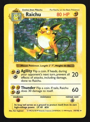Raichu 14/102 Base Set (Shadowless) Holo Rare Pokemon Card - Image 1 of 2