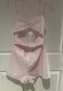 LOVERS AND FRIENDS Cut Out Romper Seersucker Pink White Stripe Small Lined - Picture 1 of 9