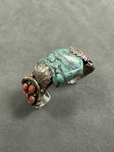 Sterling Silver Turquoise Coral Cuff Navajo Bracelet - Picture 1 of 8