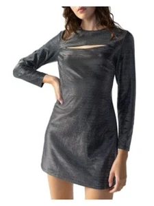 SANCTUARY Womens Silver Lined Long Sleeve Round Neck Short Party Sheath Dress M - Picture 1 of 9