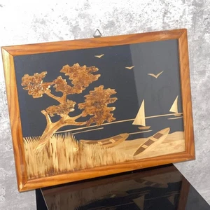 Vintage 1978 Polish Straw Art Picture Sailing Scene Framed Folk Wall Hanging - Picture 1 of 9