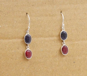 Ruby & Blue Sapphire Silver Handmade Earring Solid 925 Sterling Silver Jewelry - Picture 1 of 4