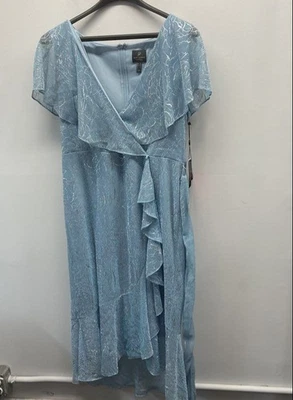 Adrianna Papell NWT Blue Silver Metallic Faux Wrap Ruffle Dress Women's 16 - Image 1 of 4