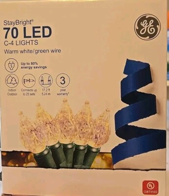 GE Staybright 70 LED C-4 Lights Warm White/Green Wire Christmas/Party. Faceted. - Image 1 of 2