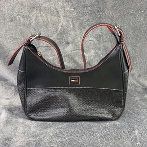 Tommy Hilfiger Womens Woven Straw Basket Handbag Purse Shoulder Black Leather - Picture 1 of 7