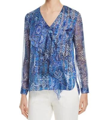 $119 Top de seda con volantes manga larga con cuello en V gráfico azul para mujer Elie Tahari talla M Foto 1 de 3