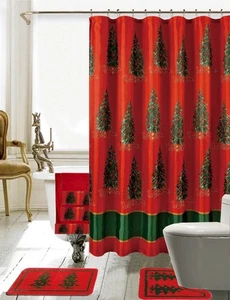 Season's Greetings 18 Piece Shower curtain Set Christmas Trees - Picture 1 of 1