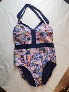 Lands End Womens Blue V-neck Halter Swimsuit Size 14 Floral Flowered Padded Bra - Picture 1 of 8