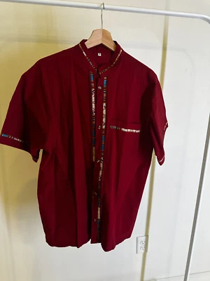 Ручной работы мексиканский традиционный Guayabera платье рубашка темно-красный размер L мужской - Изображение 1 из 3