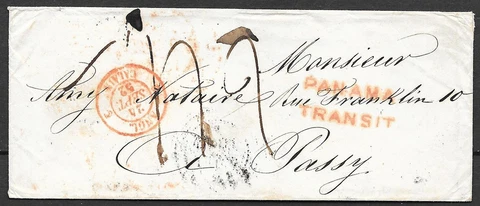 Peru/CALLAO covers 1852 cover PANAMA TRANSIT to Passy  Several POSTMARKS Cover