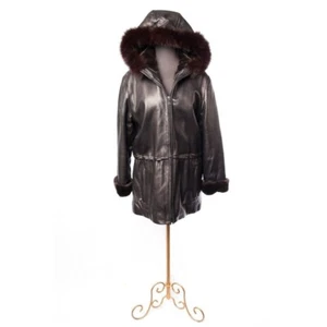 Women’s MARC NEW YORK Andrew Marc Leather Coat Hood Black Faux Fur M - Picture 1 of 10