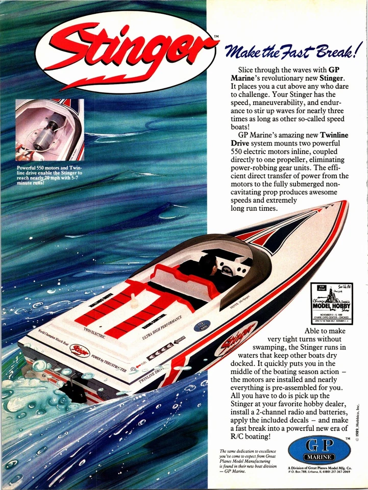 GPM STINGER RC Boat Print Ad Ephemera Wall Art Decor Great Planes - Image 1 of 1
