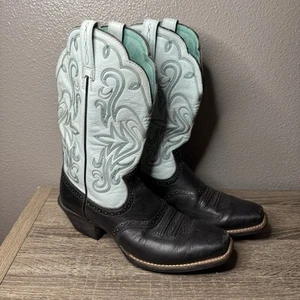 Ariat Boots Size 8B Black Blue Snipped Square Toe Saddle Cowgirl Western 15810 - Picture 1 of 16