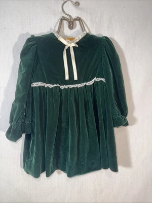 Vestido Terciopelo Verde Hecho a Mano Vintage Talla 2 Encaje Borde Abotonado Vacaciones Foto 1 de 4