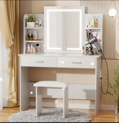 Makeup Vanity Table with Lighted Mirror, 2 Drawers, Shelves And Stool - Image 1 of 4
