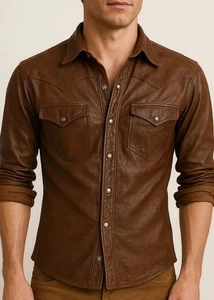 Men Genuine Choco Brown Lambskin Leather Shirt  Vintage Motorcycle Jacket - Picture 1 of 3