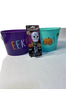 2 Halloween Buckets Light Up Bottoms And  Spooky Spinner - Picture 1 of 8