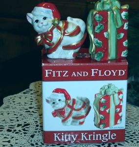 Juego de sal y pimienta de porcelana Fitz & Floyd Kitty Kringle - cinta roja - Imagen 1 de 4