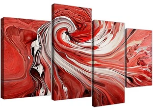 Large Red and White Swirl - Abstract Canvas Split 4 Panel - 130cm Wide - Picture 1 of 5