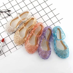 Girls Jelly Sandals Kids Footwear Crystal Princess Party Dance Flat Wedges Shoes - Picture 1 of 17