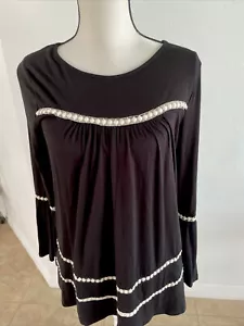 Anthropologie Lapis Black With White Accents Top Bell Sleeve Size Small - Picture 1 of 7