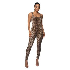 Women Sexy Bodysuit Leopard Print Sleeveless Catsuit Leotard Jumpsuit S-2XL - Picture 1 of 26
