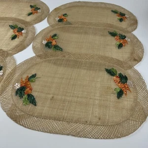 Korb Stroh Tischsets bestickt Karotten Vintage Boho Bast 19”x13” oval Set/6 - Bild 1 von 14