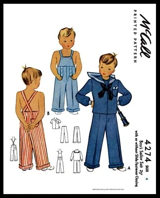 McCall #4274 BOY'S SAILOR Suit Nautical Sewing Pattern Costume Play Overalls Pic - Image 1 of 4