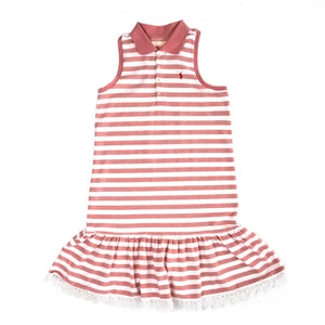 NWT Polo Ralph Lauren Girls Sleeveless Striped Polo Mesh Dress Pink White Lace - Picture 1 of 9