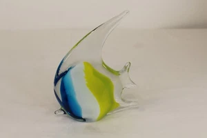 Glass Fish Paperweight Striped Glass Fish Figure Blue White Yellow Stripes Glass - Picture 1 of 12