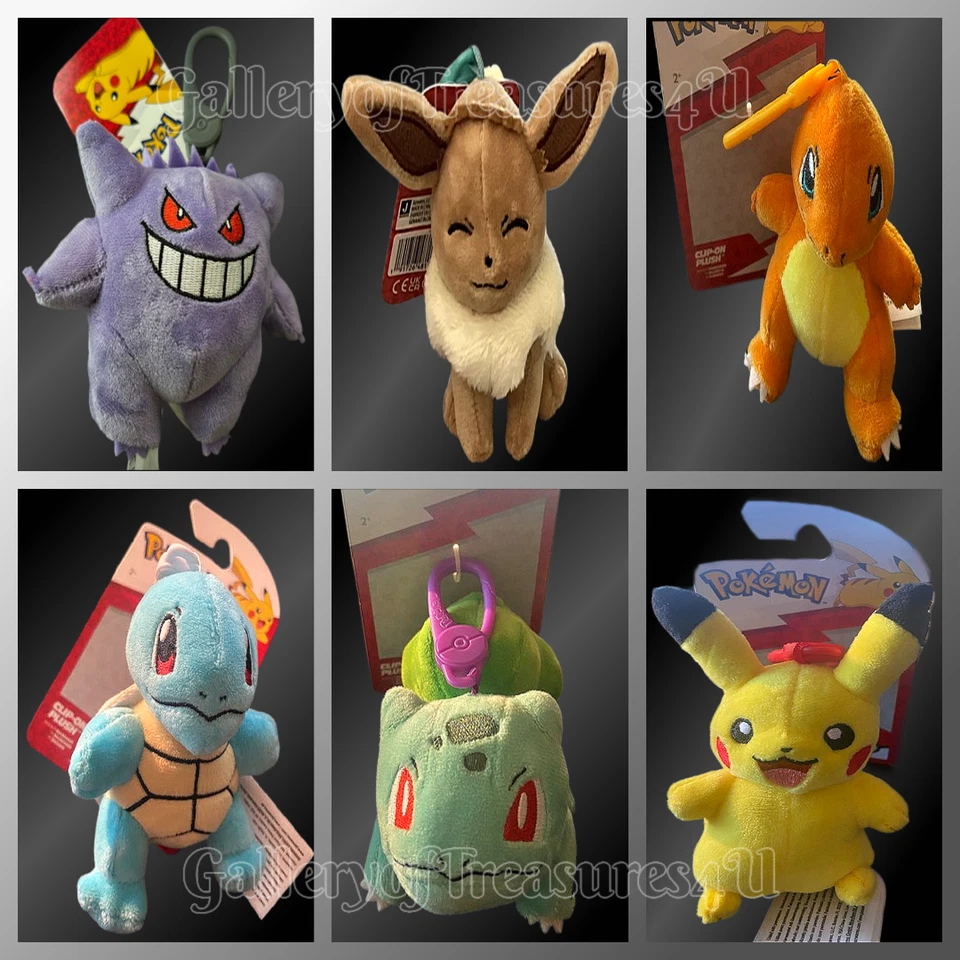 Pokemon Plush Clip On Gengar Pikachu Bulbasaur Charmander Eevee OR Squirtle 5" - Image 1 of 1