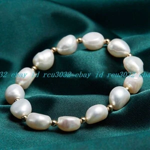 Genuine 7-10mm Natural White Baroque Freshwater Pearl Stretch Bracelet 7.5" - Picture 1 of 18