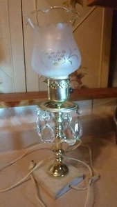 ANTIQUE BRASS ASTRAL ARGAND w/ETCHING LAMP SHADE, CRYSTAL PRISMS w/MARBLE BASE - Picture 1 of 14