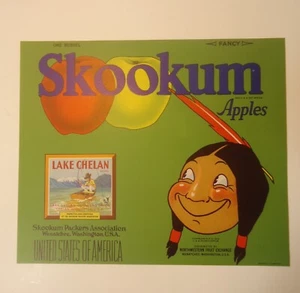 Vintage ORIGINAL Crate Label Skookum Brand Apples Wenatchee - Picture 1 of 2