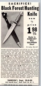 1955 Stampa Pubblicità Thoresen's NY NY Coltello da Caccia Foresta Nera Germania Soligen Steel - Foto 1 di 1
