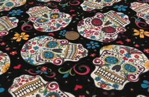 Sugar Skulls on Black * David Textiles * 100% Cotton Remnant * 21" x 8" - Picture 1 of 4