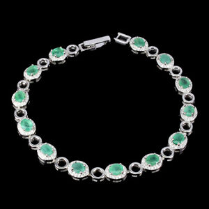 Unheated Oval Emerald 5x4mm Simulated Cz 925 Sterling Silver Bracelet 7.5 Inches