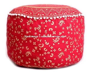 Indian Cotton Ombre Mandala Red Foot Stool Ottoman Pouf Throw Pouf Pom Lace 22" - Picture 1 of 3