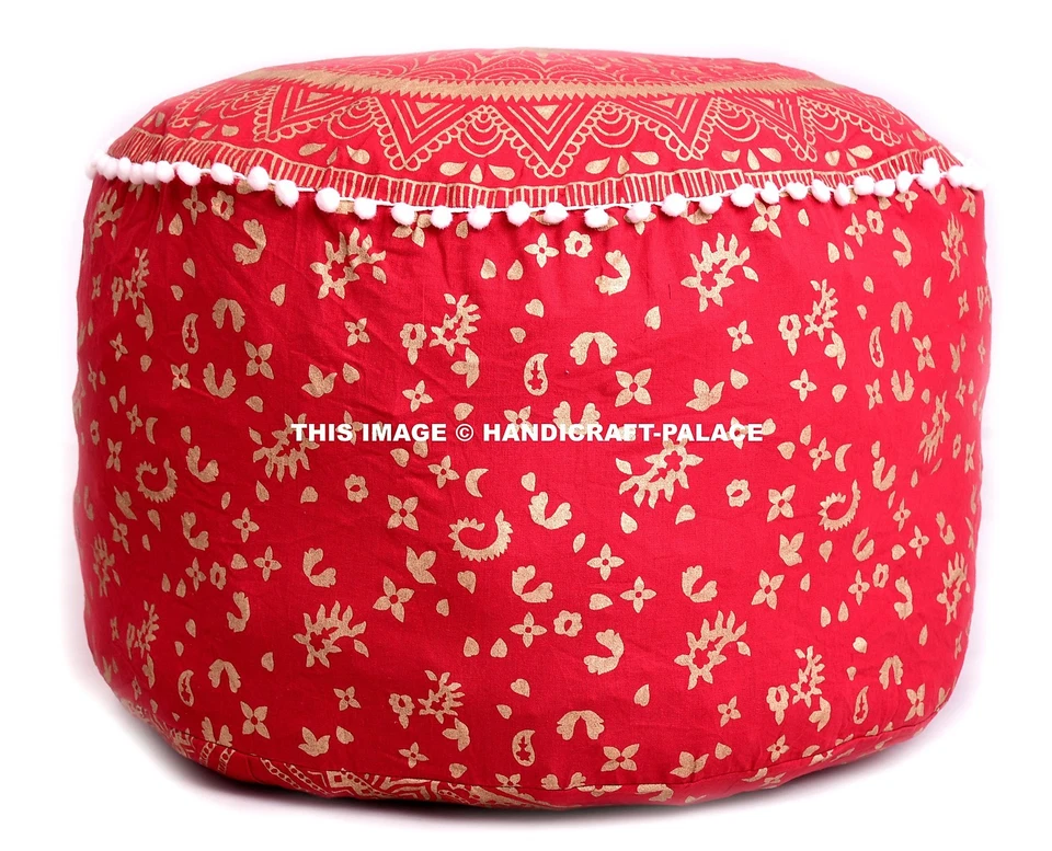 Puf otomano mandala de algodón indio taburete rojo puf pompón encaje 22" Foto 1 de 3