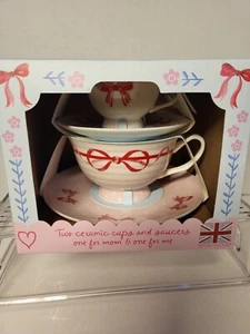 Two Ceramic Tea Cup & Saucer Sets, One For Mom & One For Child - Picture 1 of 6
