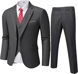 Men'S 3 Piece Slim Fit Suit Set, One Button Solid Jacket Vest Pants with Tie - Picture 1 of 12