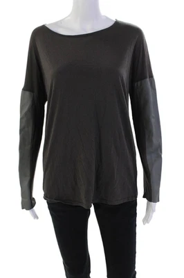 Michael Stars Womens Long Sleeve Scoop Neck Leather Trim Shirt Brown Size Small - Image 1 of 4