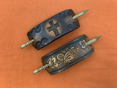 2 Leather Hair Barrettes w Sticks, Ponytail, Christian Cross, Handcrafted #244 - Image 1 of 4