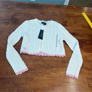 NWT Polo Ralph Lauren white cropped cardigan pink trim size small 7 - Picture 1 of 8