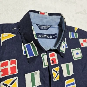 Vtg Nautica Shirt Mens XL Sail Boat Racing Flags Sailing Yachting Beach Casual - Picture 1 of 10