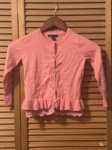 NWOT GapKids Girls Coral Pink Lace-Bottom Crewneck Button-Up Cardigan; XS (4-5) - Picture 1 of 9