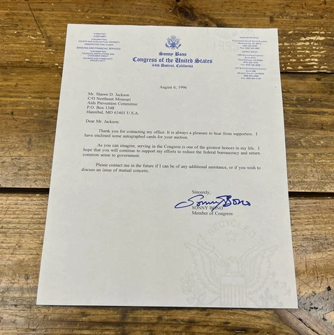1996 Sonny Bono TLS Typed Letter Signed on Congressional Stationery ~ Rare Cover