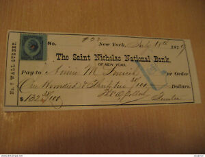 Nowy Jork 1879 The Saint Nicholas National Bank Check Note + 2c Wewnętrzny Rev